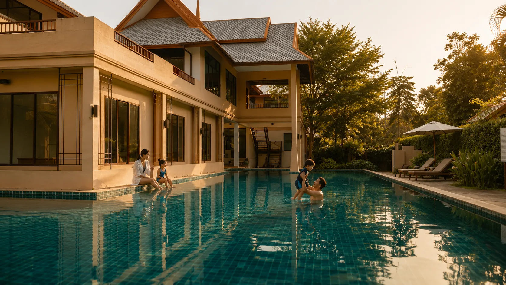 A family enjoying the community pool at golden hour