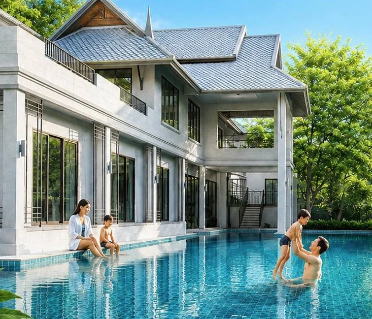 A completed Nibbana Shade residence with a family by the pool